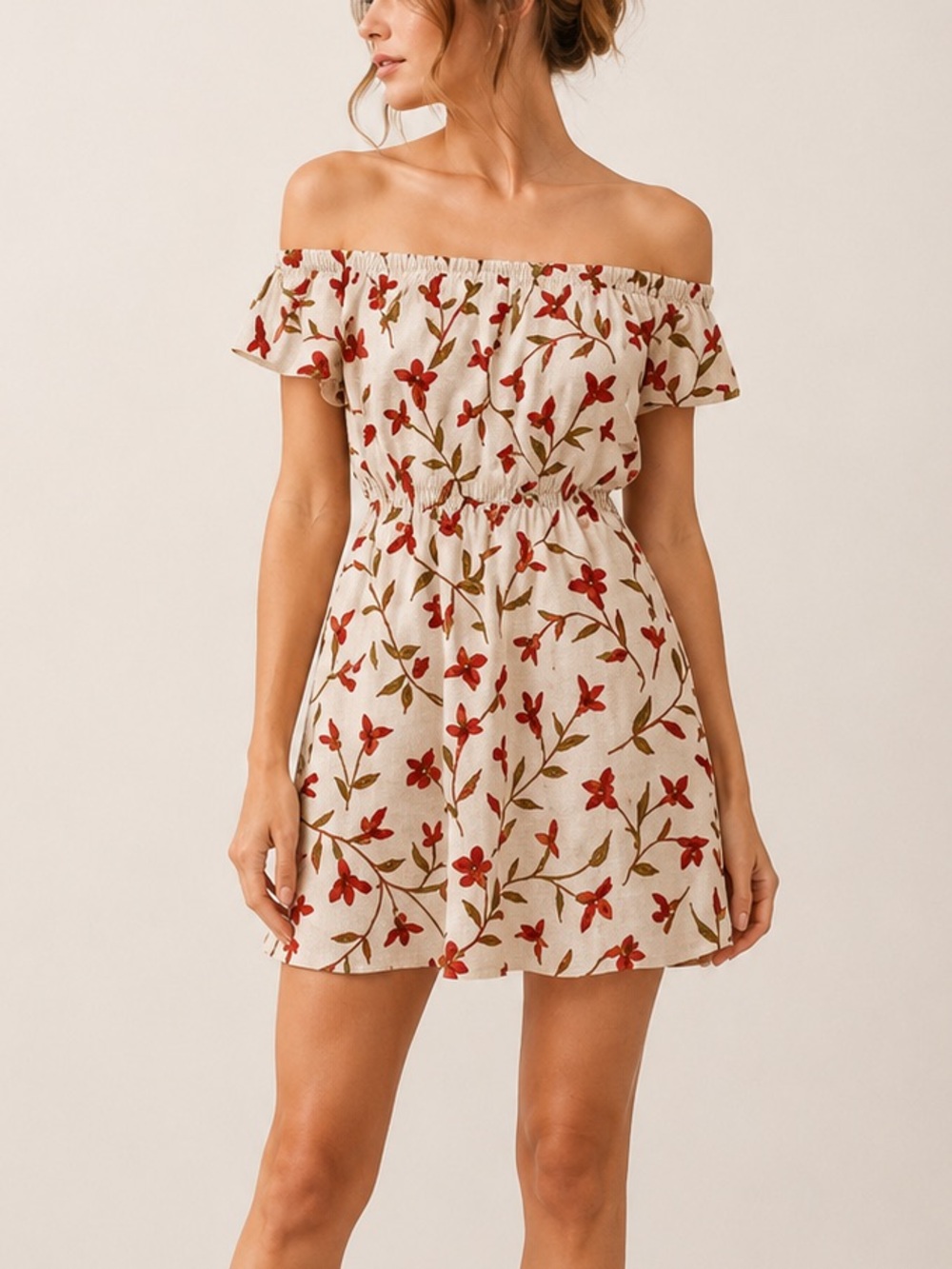 Lovers & Friends Off the Shoulder Mini Dress in Beige Floral